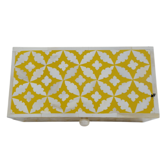 Yellow and white bone inlay keepsake box with handmade leaf pattern