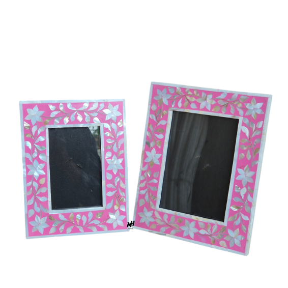 Set of two pink mother of pearl inlay photo frames