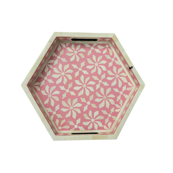 Set of 2 hexagonal pink bone inlay trays in floral pattern