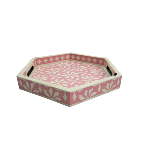 Set of 2 hexagonal pink bone inlay trays in floral pattern