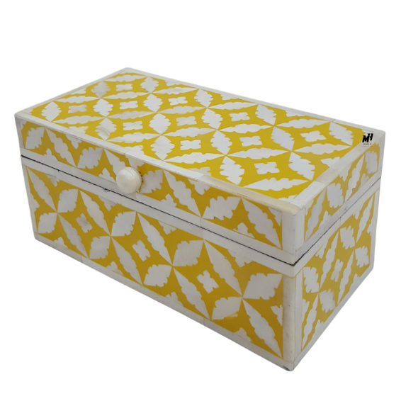 Yellow and white bone inlay keepsake box with handmade leaf pattern