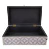 Bone-Inlay-Purple-Jewelry-Organizer-Keepsake-Box Purple and white bone inlay jewelry organizer with handmade leaf pattern