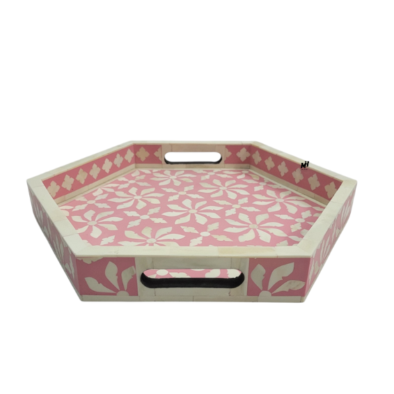 Set of 2 hexagonal pink bone inlay trays in floral pattern