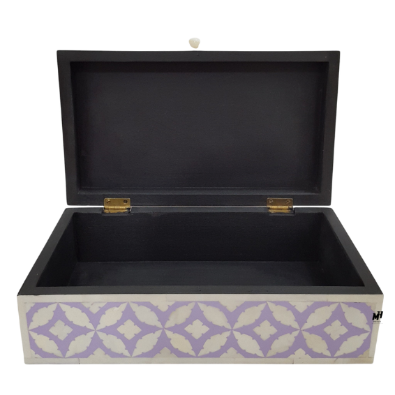 Bone-Inlay-Purple-Jewelry-Organizer-Keepsake-Box Purple and white bone inlay jewelry organizer with handmade leaf pattern