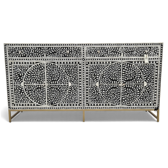 Black Bone Inlay Buffet Cabinet – 4-Door Sideboard Black bone inlay buffet cabinet in floral pattern
