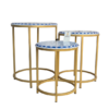 Bone inlay nesting tables set of 3 with navy blue and white mosaic top and gold metal frame