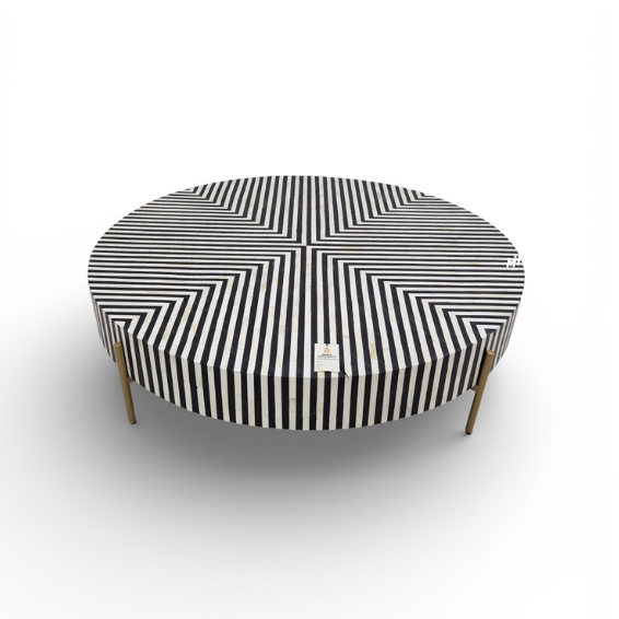 Round bone inlay center table with black and white chevron pattern Round bone inlay center table with black and white chevron pattern