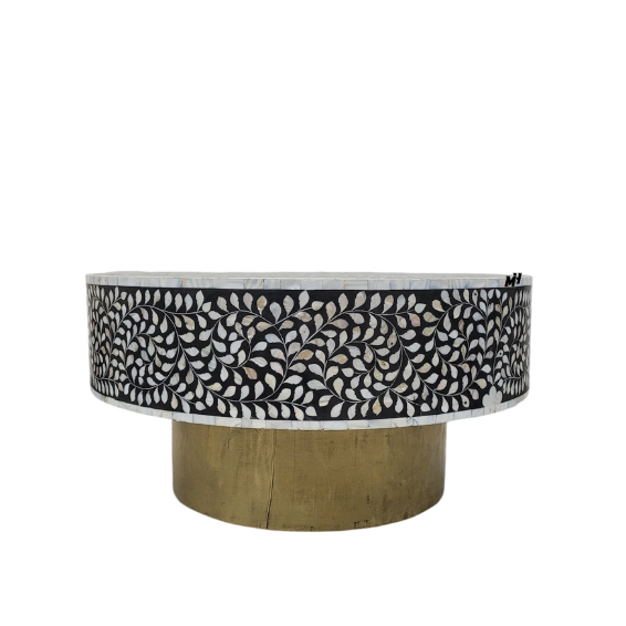 Black mother of pearl inlay round coffee table with brass base Coffee Table