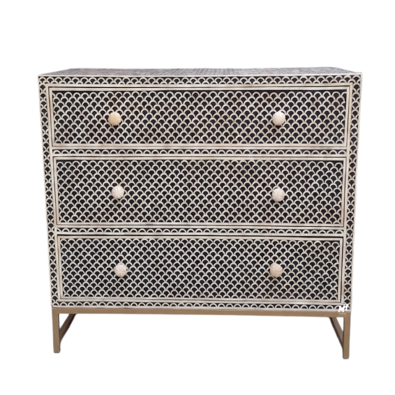 Black and white bone inlay chest of drawers in scalloped pattern Bone Inlay Chest of Drawers | Black & White Dresser