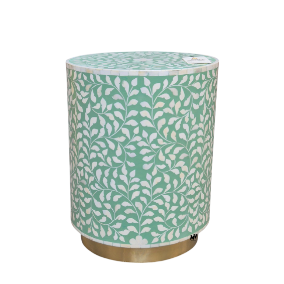 Bone Inlay Floral Round Side Table | Turquoise End Table