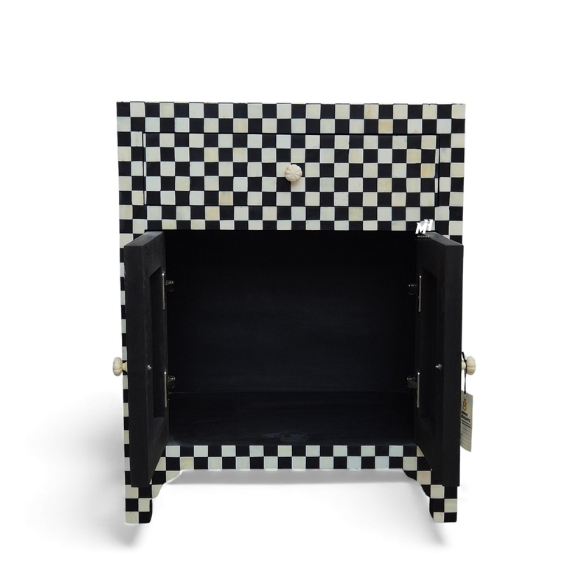 Black and white bone inlay checkered nightstand with one drawer & two cabinet Bone Inlay Nightstand | Black and White Bedside Table
