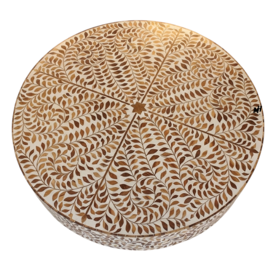 Round teak inlay floral coffee table with brass base Wooden Teak Inlay Coffee Table | Floral Center Table