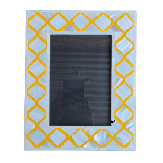 Set of two yellow mother of pearl inlay photo frames with trellis pattern