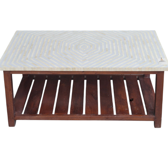 Wooden bone inlay center table with herringbone pattern top and storage shelf Bone Inlay Center Table | Wooden Coffee Tables