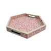 Set of 2 hexagonal pink bone inlay trays in floral pattern