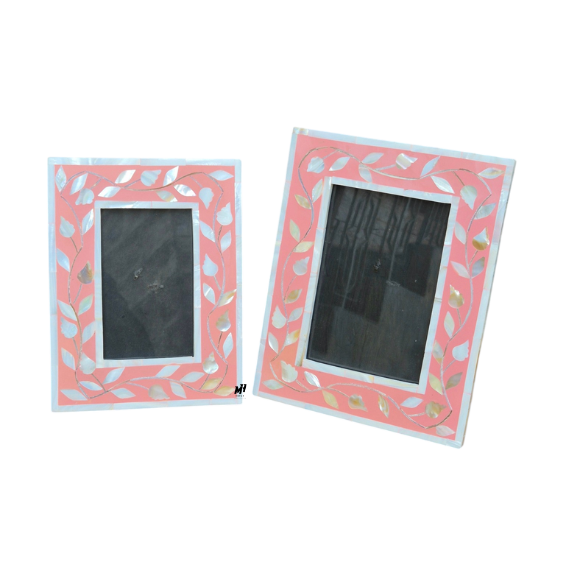 Set of two coral pink mother of pearl inlay photo frames