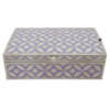 Bone-Inlay-Purple-Jewelry-Organizer-Keepsake-Box Purple and white bone inlay jewelry organizer with handmade leaf pattern