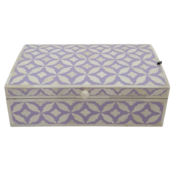 Bone-Inlay-Purple-Jewelry-Organizer-Keepsake-Box Purple and white bone inlay jewelry organizer with handmade leaf pattern
