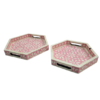 Set of 2 hexagonal pink bone inlay trays in floral pattern