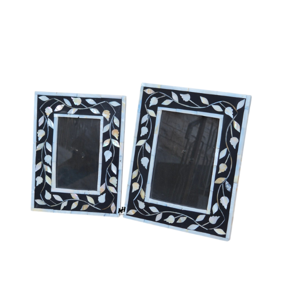 Set of two black mother of pearl inlay photo frames