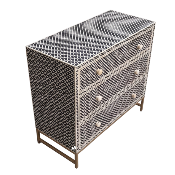 Black and white bone inlay chest of drawers in scalloped pattern Bone Inlay Chest of Drawers | Black & White Dresser
