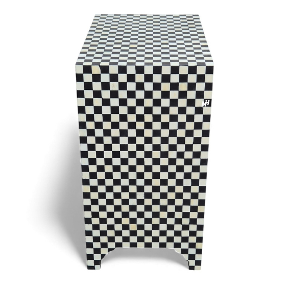 Black and white bone inlay checkered nightstand with one drawer & two cabinet Bone Inlay Nightstand | Black and White Bedside Table