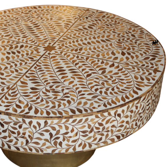 Round teak inlay floral coffee table with brass base Wooden Teak Inlay Coffee Table | Floral Center Table