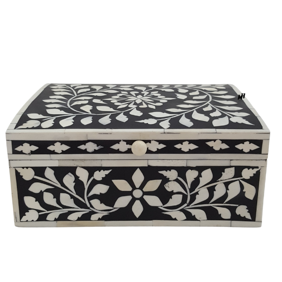 Floral-Bone-Inlay-Box-Black-White-Jewelry-Organizer Black and white floral bone inlay jewelry box with domed lid