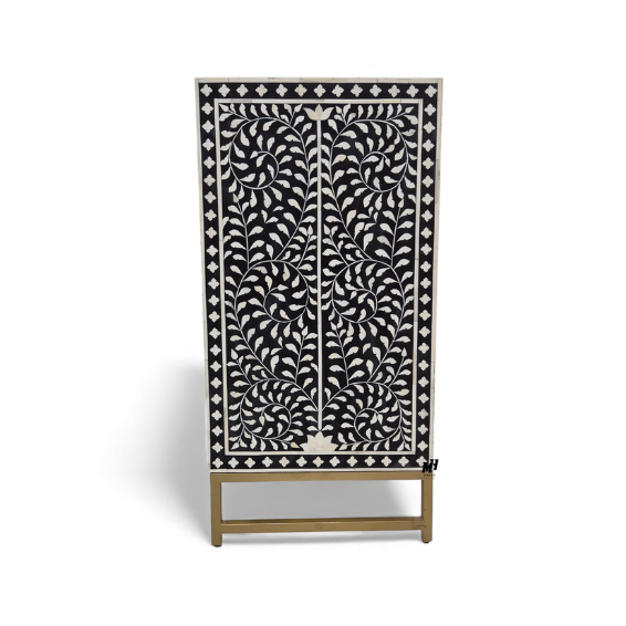 Black Bone Inlay Buffet Cabinet – 4-Door Sideboard Black bone inlay buffet cabinet in floral pattern