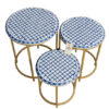 Bone inlay nesting tables set of 3 with navy blue and white mosaic top and gold metal frame