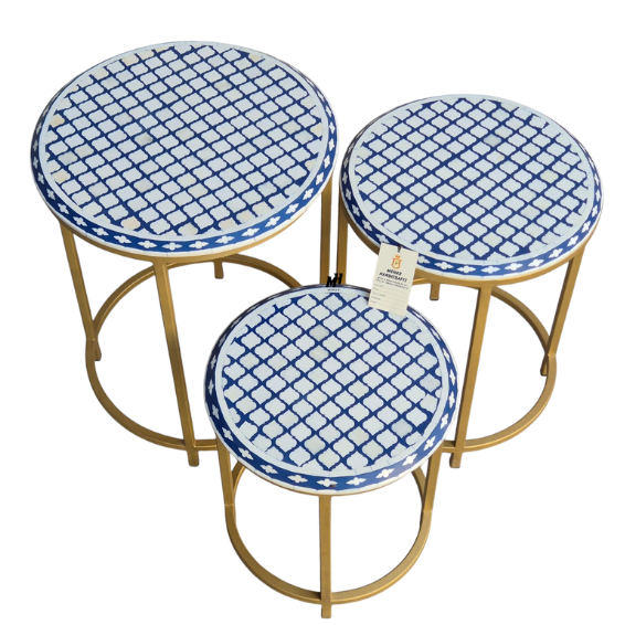 Bone inlay nesting tables set of 3 with navy blue and white mosaic top and gold metal frame