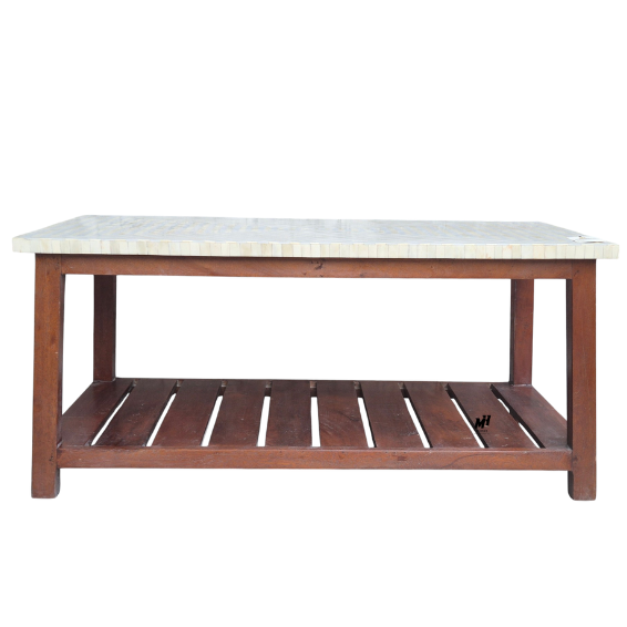 Wooden bone inlay center table with herringbone pattern top and storage shelf Bone Inlay Center Table | Wooden Coffee Tables