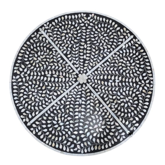 Black mother of pearl inlay round coffee table with brass base Coffee Table