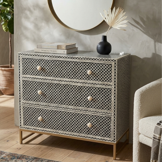 Black and white bone inlay chest of drawers in scalloped pattern Bone Inlay Chest of Drawers | Black & White Dresser