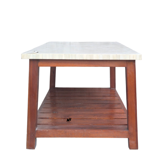 Wooden bone inlay center table with herringbone pattern top and storage shelf Bone Inlay Center Table | Wooden Coffee Tables