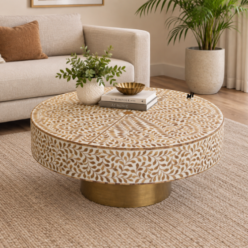 Wooden Teak Inlay Coffee Table | Floral Center Table