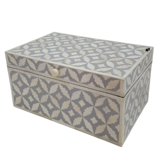 Handmade Grey bone inlay jewelry box in leaf pattern