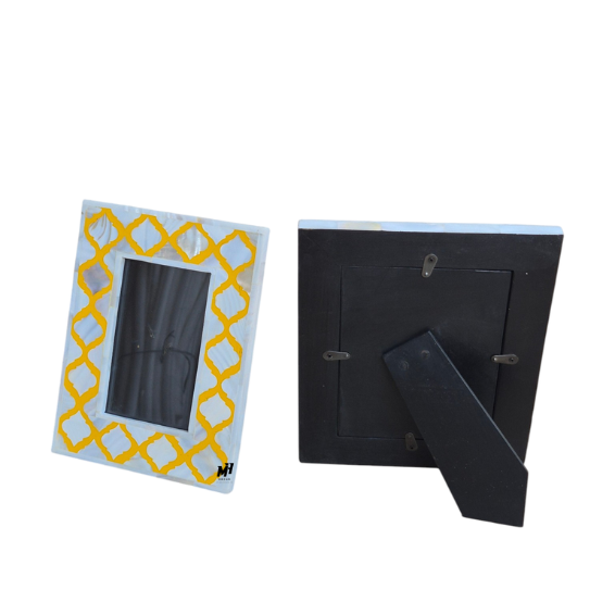Set of two yellow mother of pearl inlay photo frames with trellis pattern