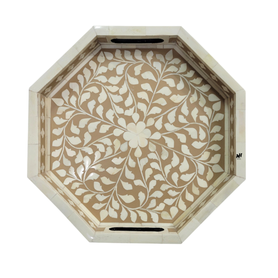 Bone inlay octagonal beige floral serving trays