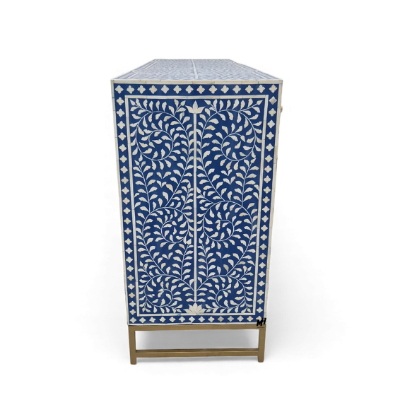 Navy Blue Bone Inlay Buffet Cabinet – 4-Door Sideboard Navy blue bone inlay buffet cabinet in floral pattern