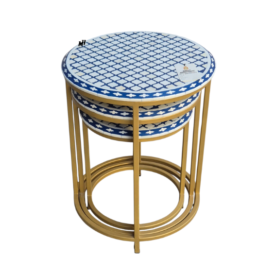 Bone inlay nesting tables set of 3 with navy blue and white mosaic top and gold metal frame