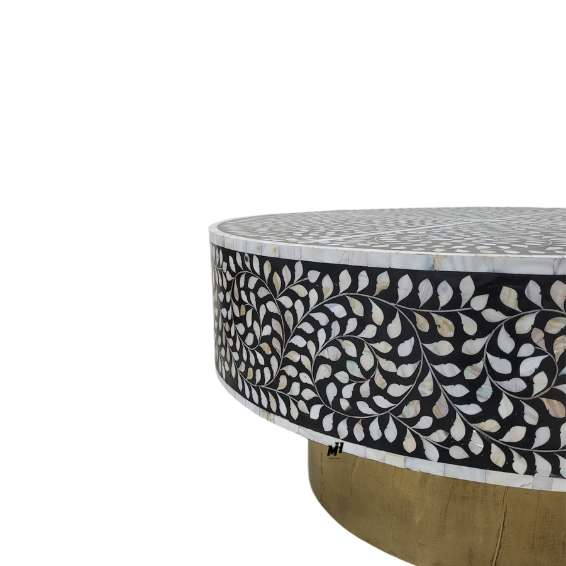 Black mother of pearl inlay round coffee table with brass base Coffee Table
