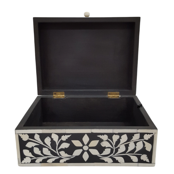 Floral-Bone-Inlay-Box-Black-White-Jewelry-Organizer Black and white floral bone inlay jewelry box with domed lid