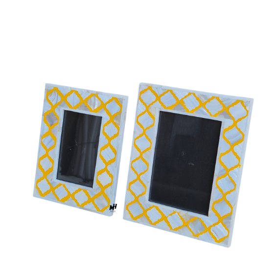 Set of two yellow mother of pearl inlay photo frames with trellis pattern