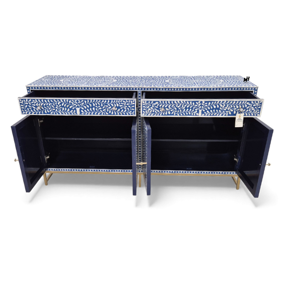 Navy Blue Bone Inlay Buffet Cabinet – 4-Door Sideboard Navy blue bone inlay buffet cabinet in floral pattern