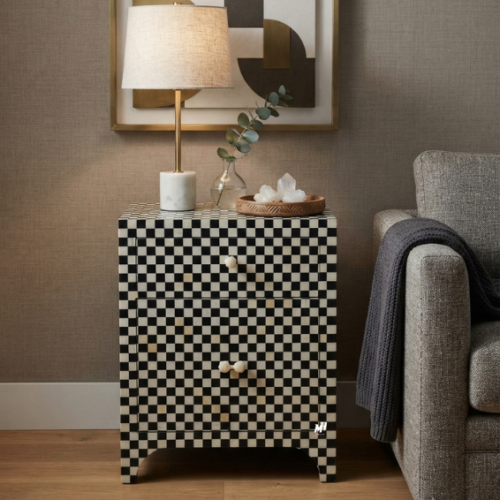 Bone Inlay Nightstand | Black and White Bedside Table