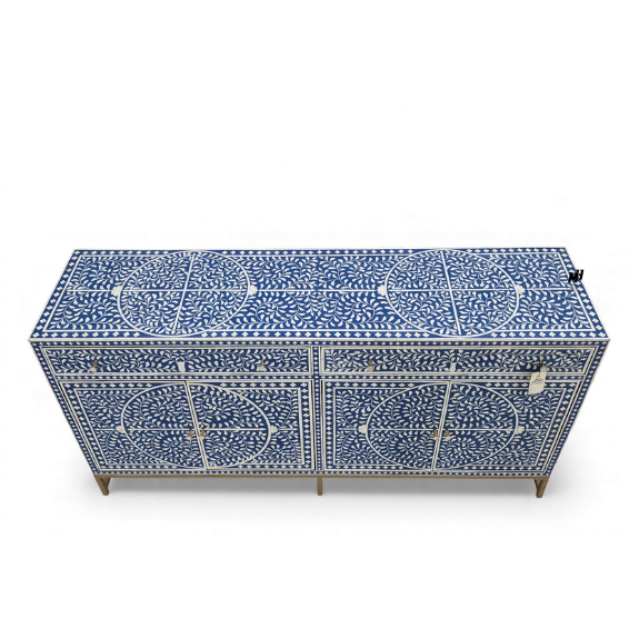 Navy Blue Bone Inlay Buffet Cabinet – 4-Door Sideboard Navy blue bone inlay buffet cabinet in floral pattern