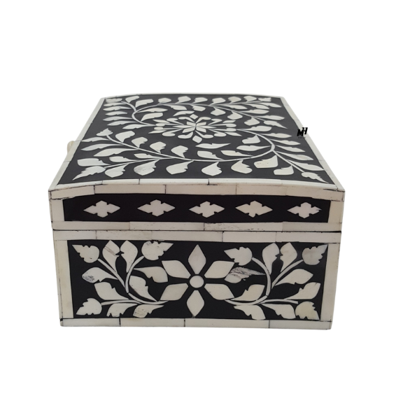 Floral-Bone-Inlay-Box-Black-White-Jewelry-Organizer Black and white floral bone inlay jewelry box with domed lid