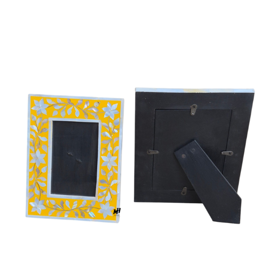 Set of two yellow mother of pearl inlay picture frames in floral pattern