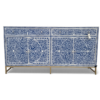 Navy Blue Bone Inlay Buffet Cabinet – 4-Door Sideboard Navy blue bone inlay buffet cabinet in floral pattern